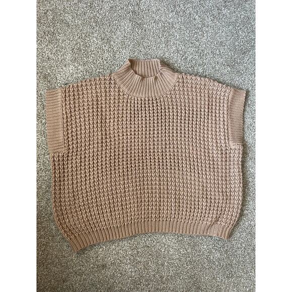 other Jackets & Blazers - Chunky Knit Crop Sweater Vest Size L Tan Beige Mock Neck Sleeveless Pullover